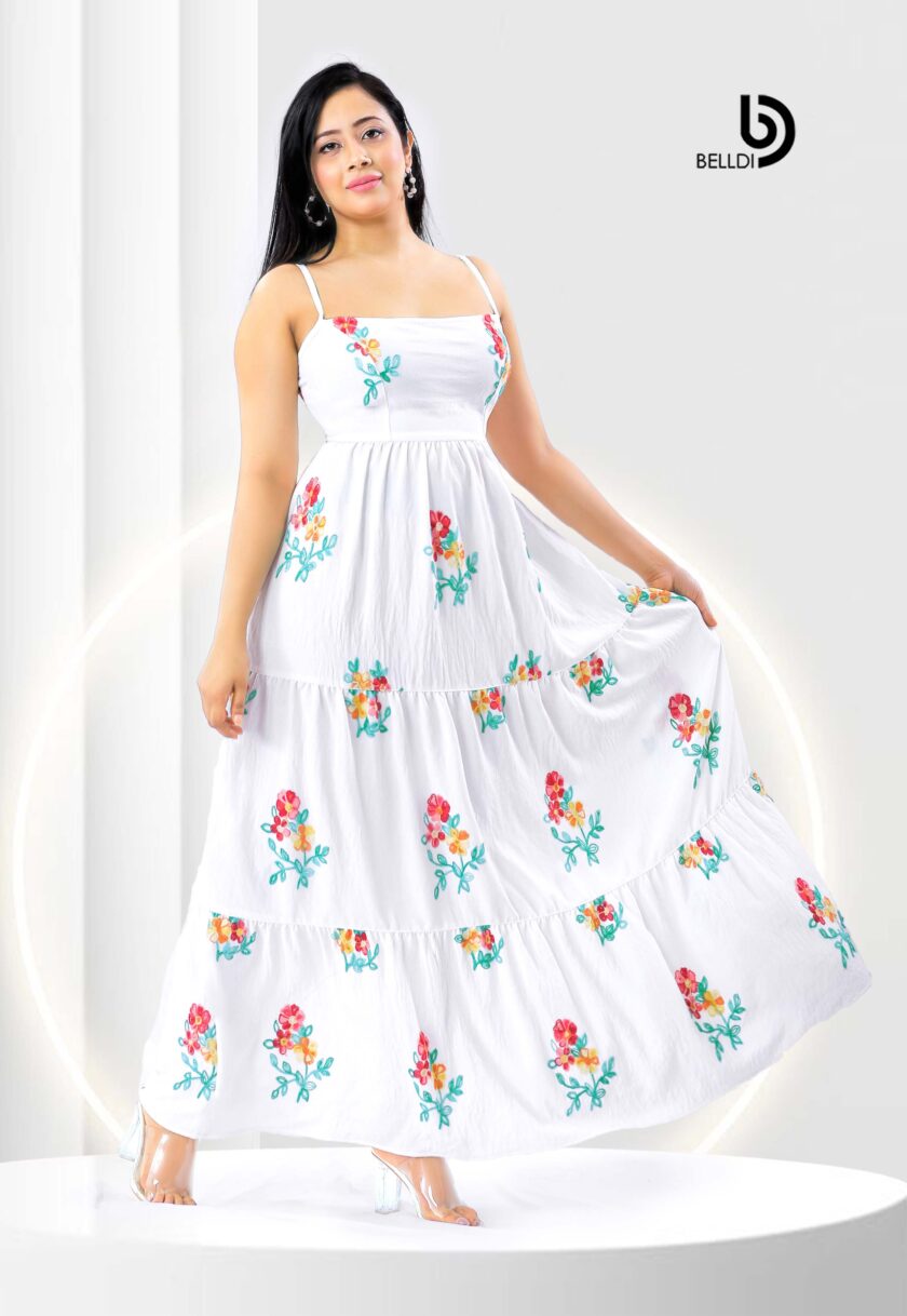 SQUARE NECK SPAGHETTI STRAPS FLORAL WHITE LONG DRESS - Image 3