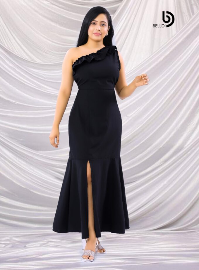 ONE SHOULDER SIDE SPLIT BLACK LONG DRESS