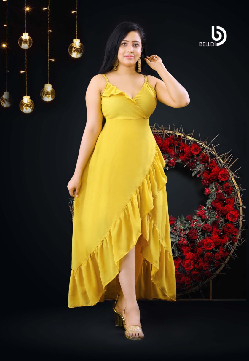 CROSS NECK SPAGHETTI STRAP YELLOW LONG DRESS