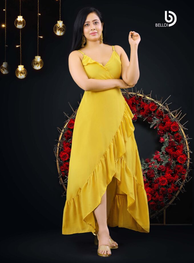 CROSS NECK SPAGHETTI STRAP YELLOW LONG DRESS