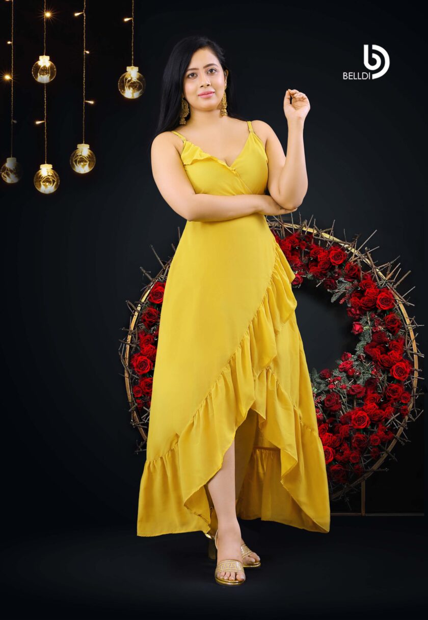 CROSS NECK SPAGHETTI STRAP YELLOW LONG DRESS - Image 2