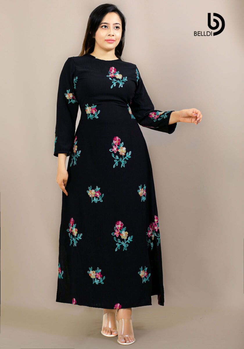 EMBROIDERED FLORAL JEWEL NECK LONG SLEEVE LONG DRESS