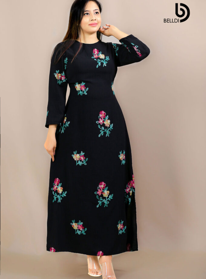 EMBROIDERED FLORAL JEWEL NECK LONG SLEEVE LONG DRESS