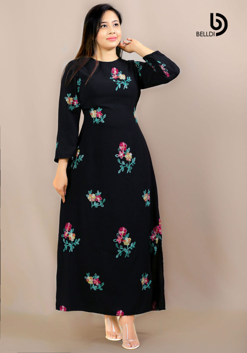 EMBROIDERED FLORAL JEWEL NECK LONG SLEEVE LONG DRESS - Image 2