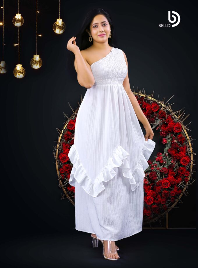 ONE SHOULDER SMOCKED LONG DRESS
