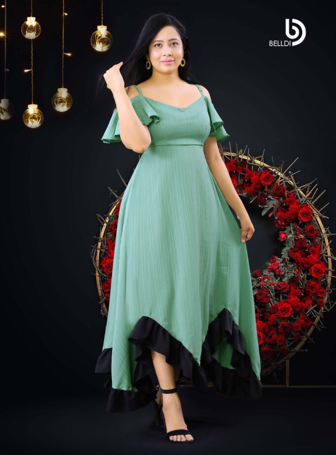 COLD SHOULDER GREEN LONG DRESS