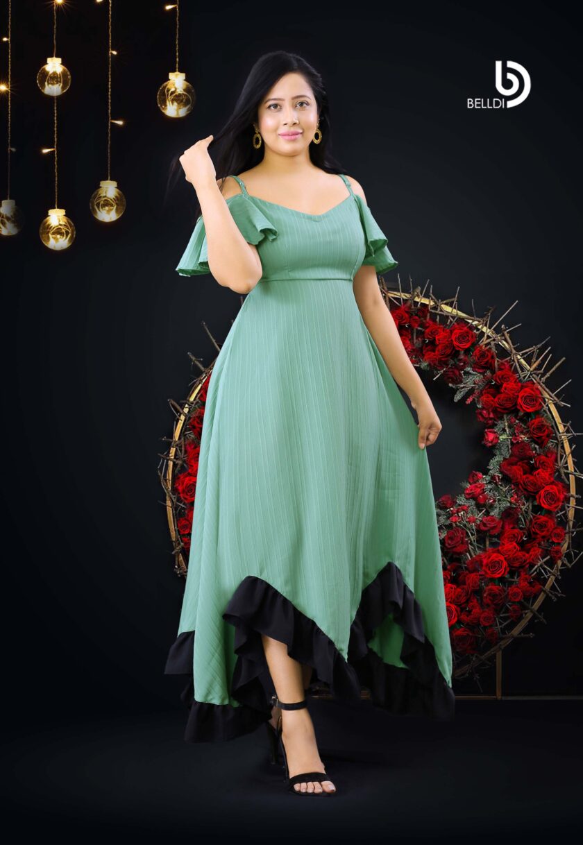 COLD SHOULDER GREEN LONG DRESS - Image 2