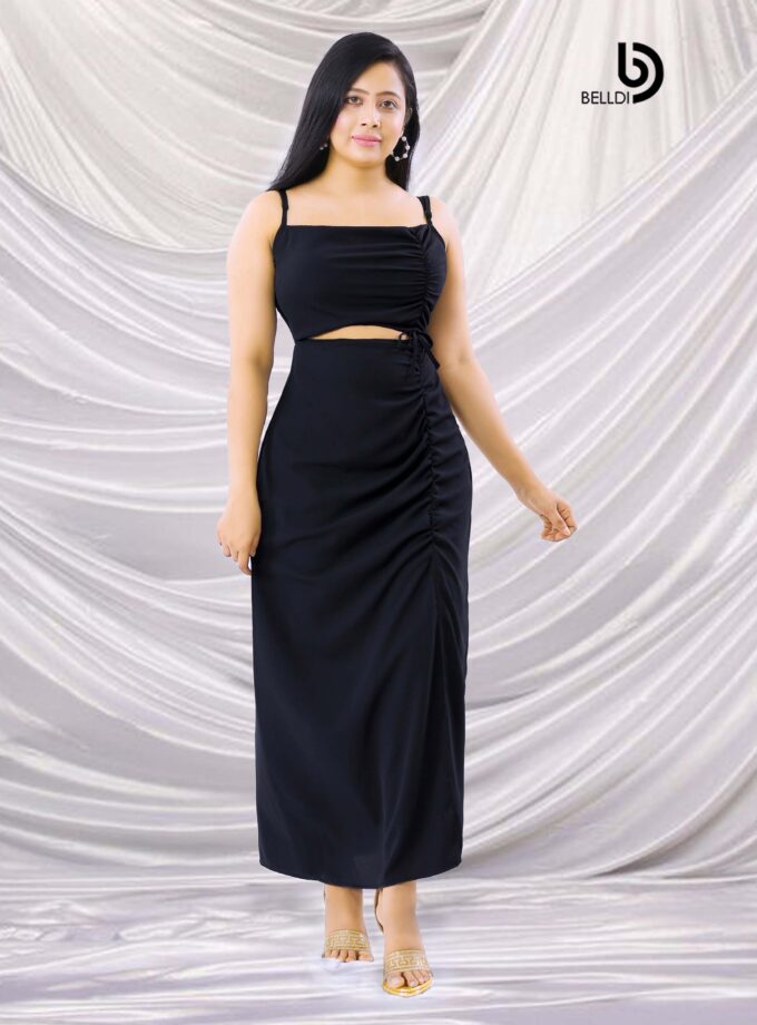 SIDE SPLIT SPAGHETTI STRAP BLACK LONG DRESS