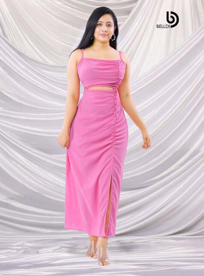 SIDE SPLIT SPAGHETTI STRAP PINK LONG DRESS