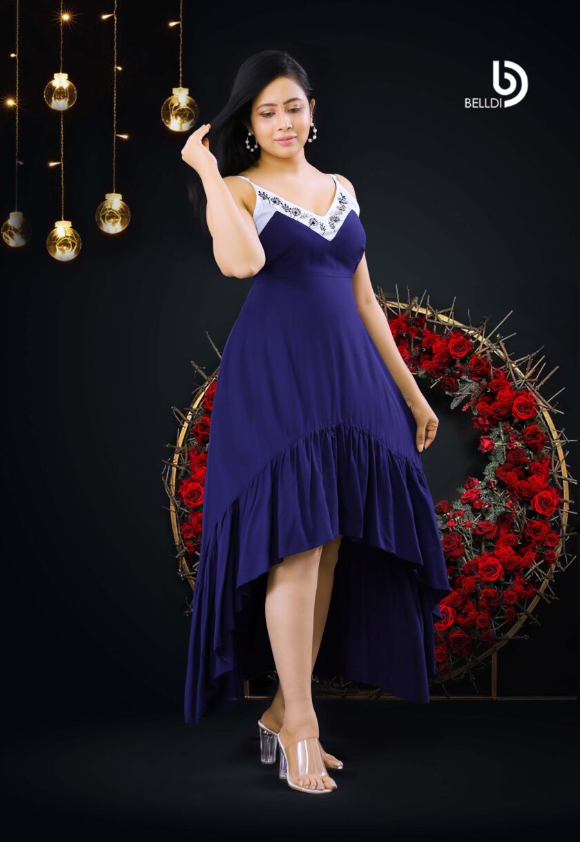 V-NECK SPAGHETTI STRAP  HIGH LOW BLUE DRESS