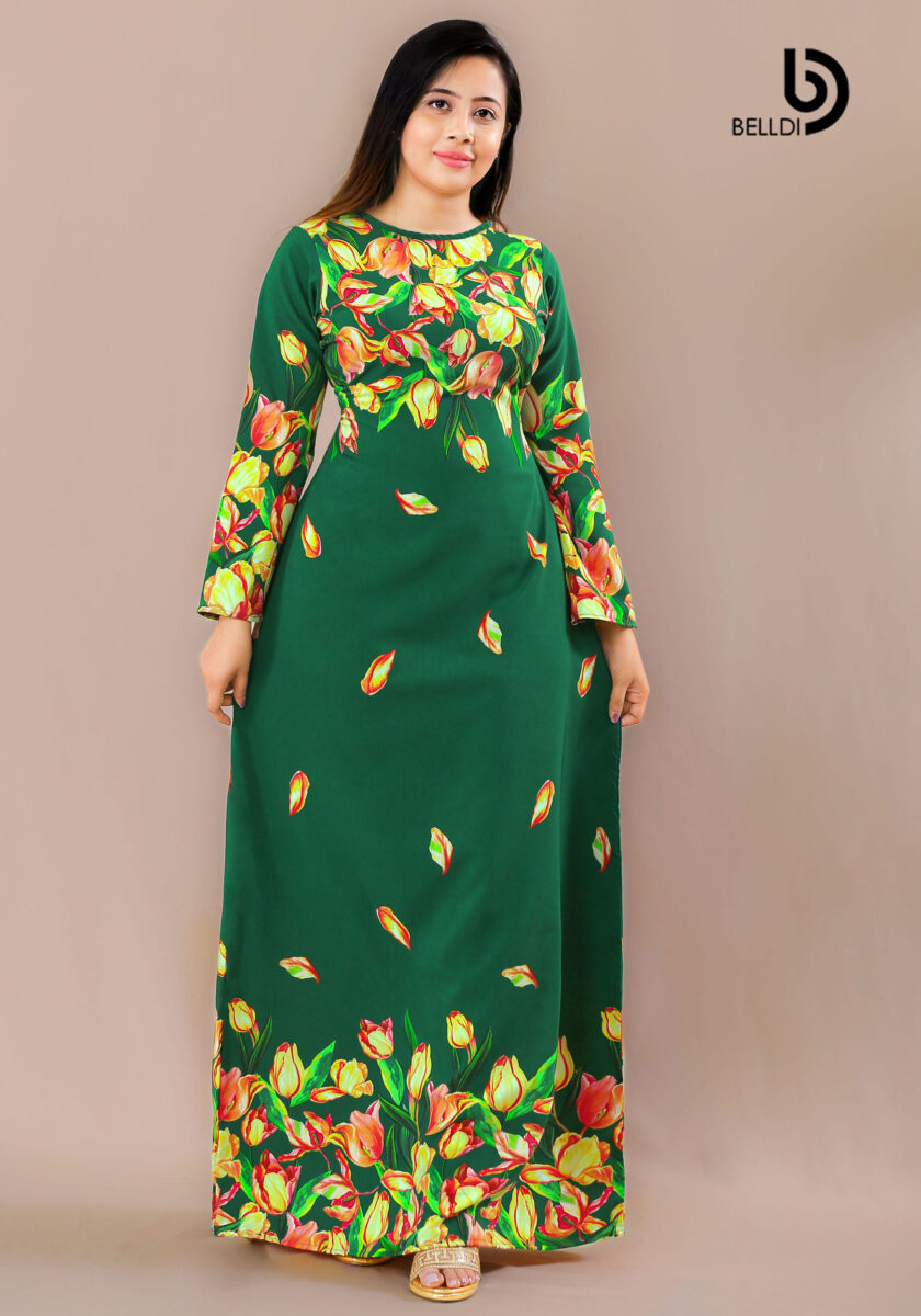 JEWEL NECK LONG SLEEVE FLORAL LONG DRESS