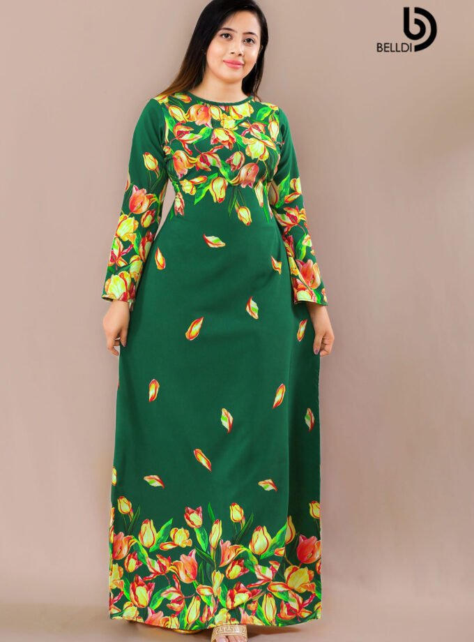 JEWEL NECK LONG SLEEVE FLORAL LONG DRESS