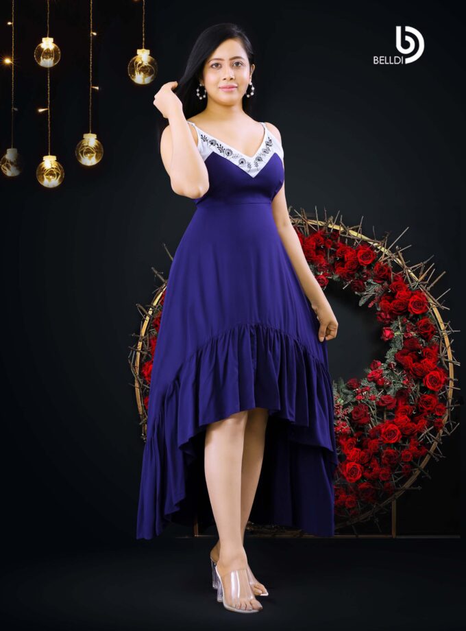 V-NECK SPAGHETTI STRAP HIGH LOW BLUE DRESS