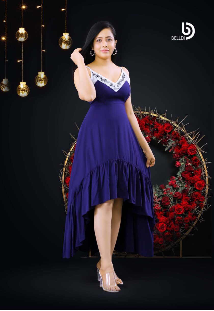 V-NECK SPAGHETTI STRAP  HIGH LOW BLUE DRESS - Image 2