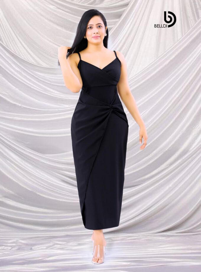 SIDE TWIST SPAGHETTI STRAP CROSS NECK BLACK LONG DRESS