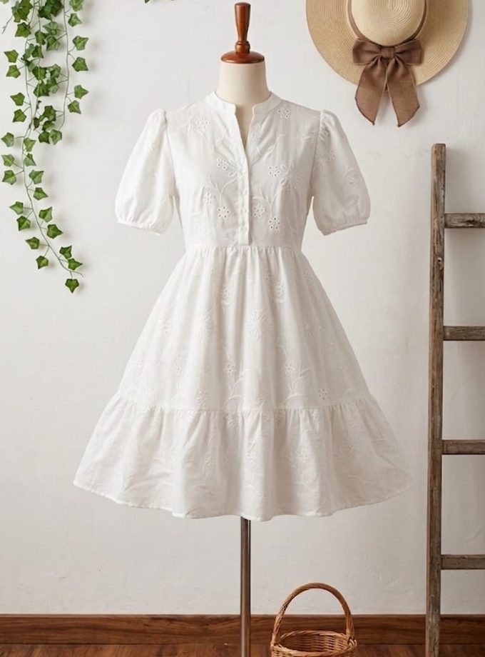HIGH NECK CUTLON WHITE FROCK