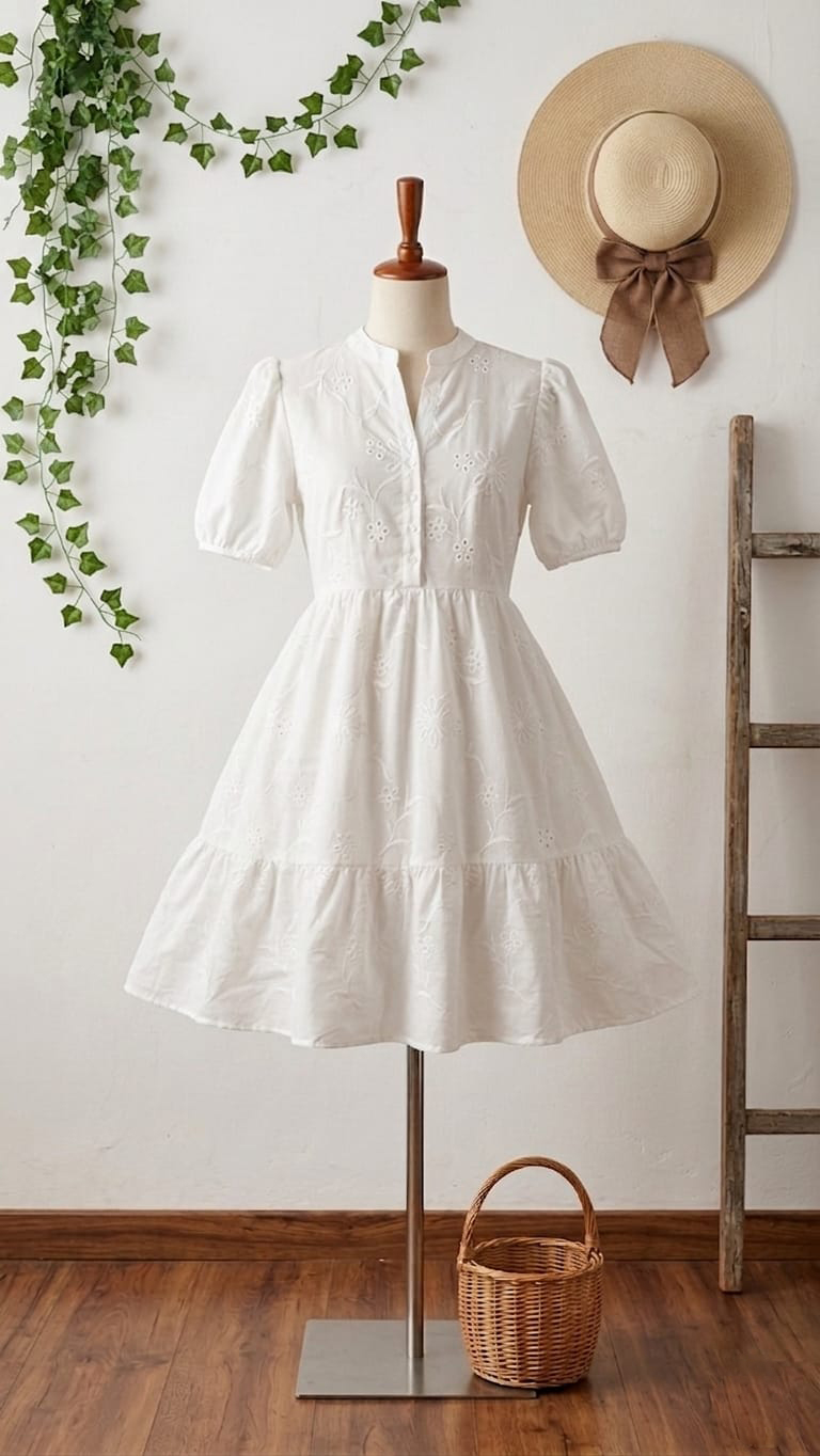 HIGH NECK CUTLON WHITE FROCK