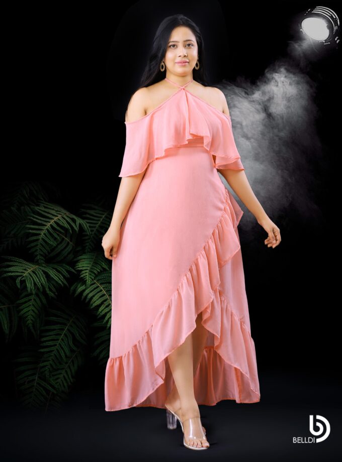 HALTER NECKLINE RUFFLES FRAMED LONG DRESS