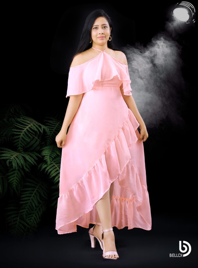 HALTER NECKLINE RUFFLES FRAMED LONG DRESS