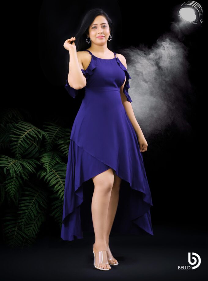 COLD SHOULDER HIGH LOW BLUE DRESS