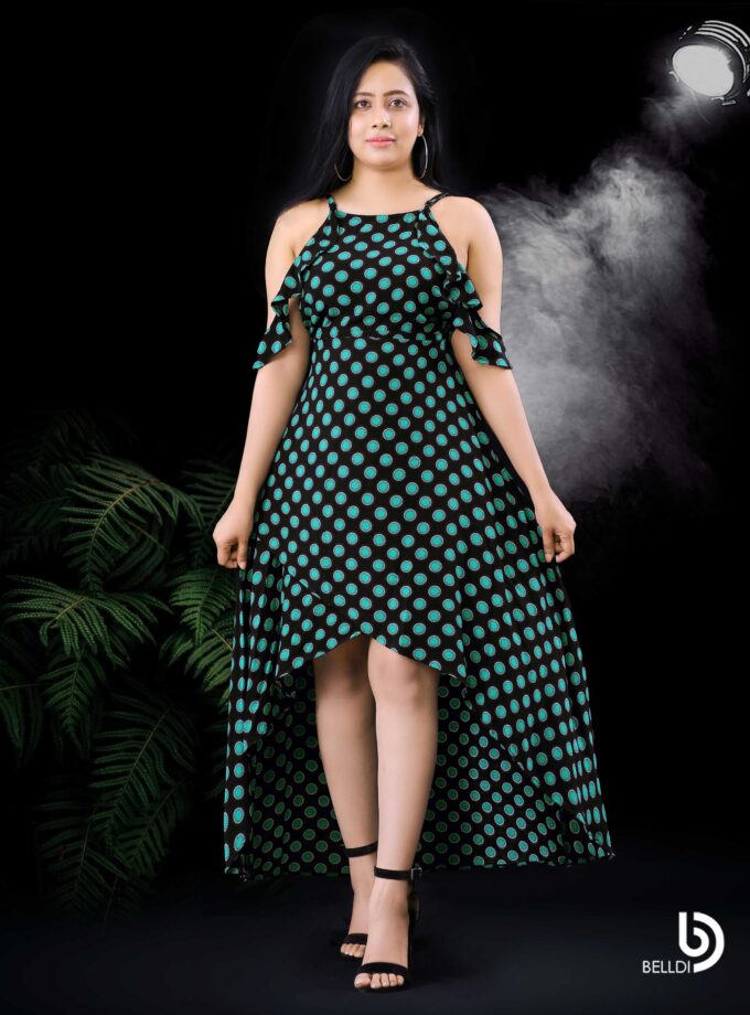 COLD SHOULDER HIGH LOW POLKA DOT DRESS