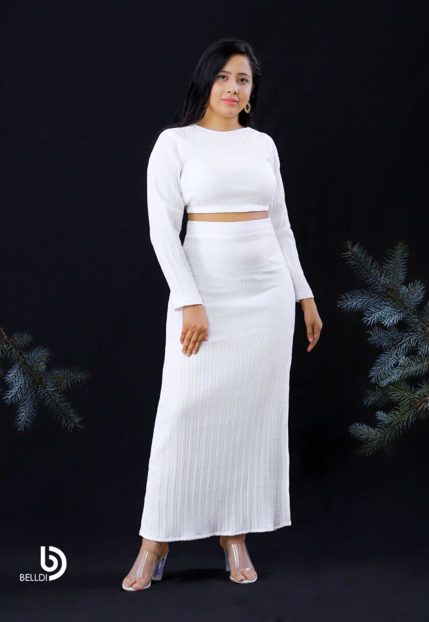 JEWEL NECK LONG SLEEVE CROP TOP AND SIDE SPLIT HIGH WAIST SKIRT