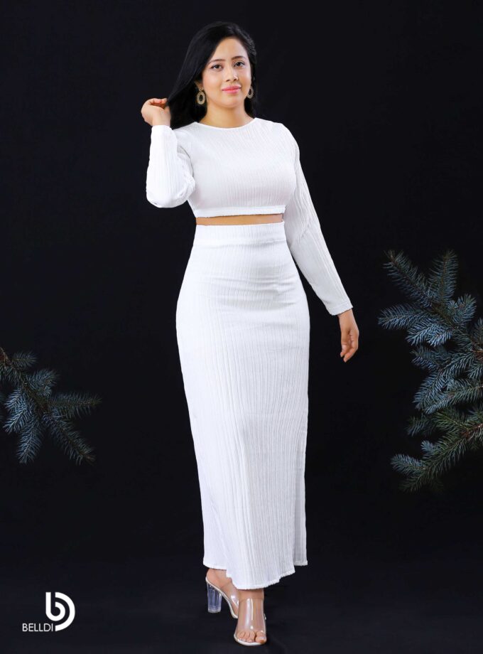 JEWEL NECK LONG SLEEVE CROP TOP AND SIDE SPLIT HIGH WAIST SKIRT