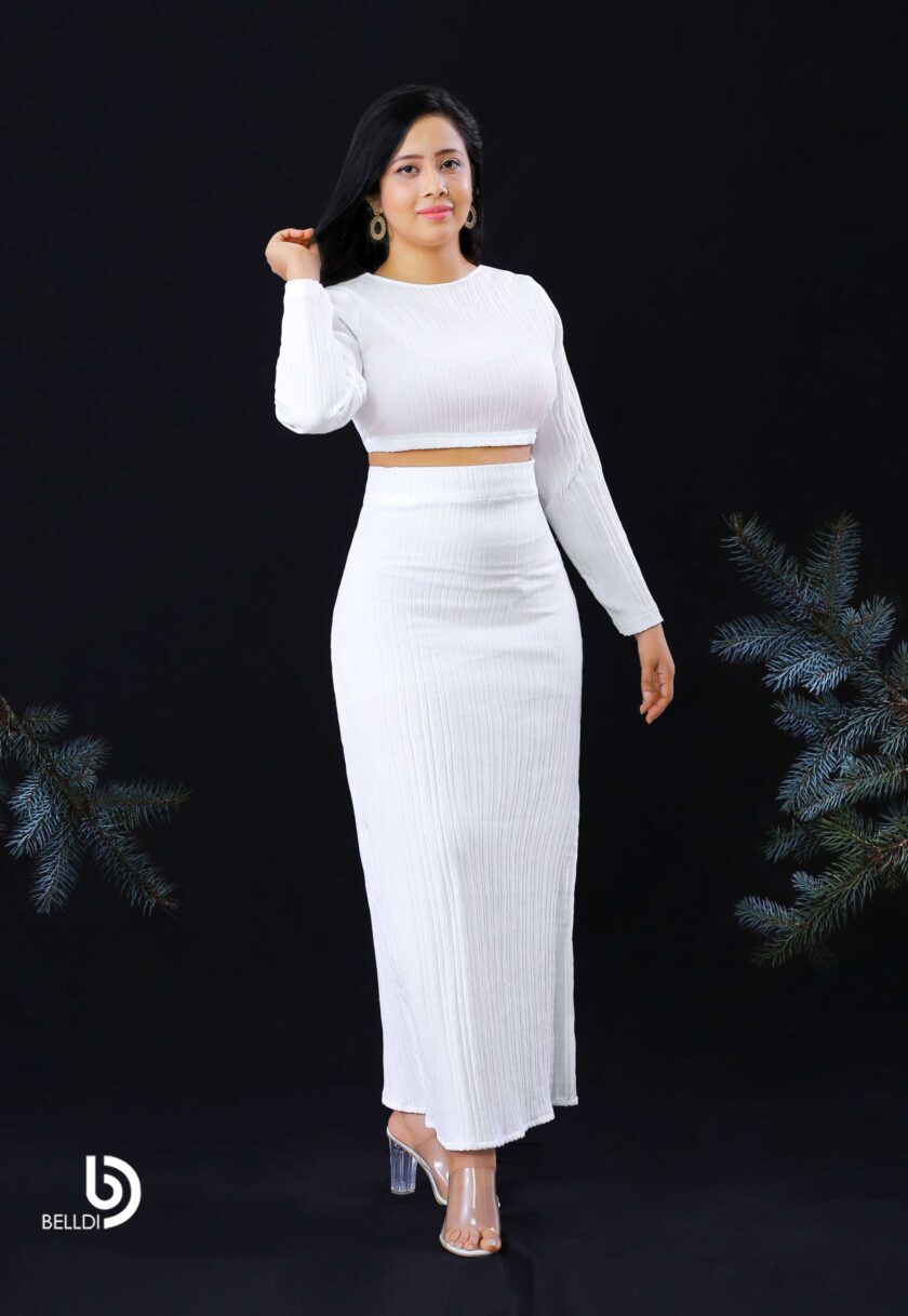 JEWEL NECK LONG SLEEVE CROP TOP AND SIDE SPLIT HIGH WAIST SKIRT - Image 2