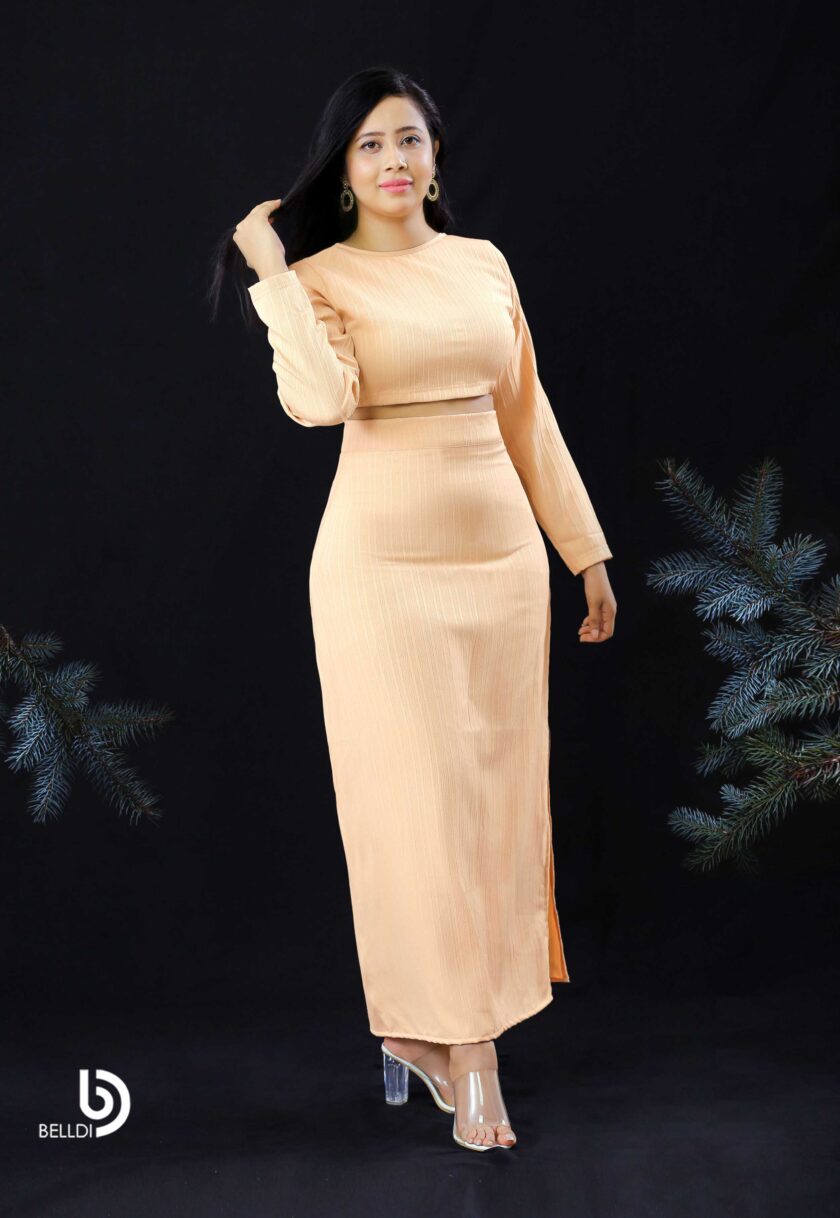 JEWEL NECK LONG SLEEVE CROP TOP AND SIDE SPLIT HIGH WAIST SKIRT
