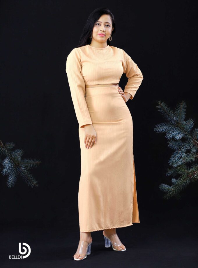 JEWEL NECK LONG SLEEVE CROP TOP AND SIDE SPLIT HIGH WAIST SKIRT