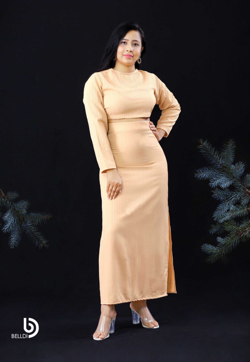 JEWEL NECK LONG SLEEVE CROP TOP AND SIDE SPLIT HIGH WAIST SKIRT - Image 2