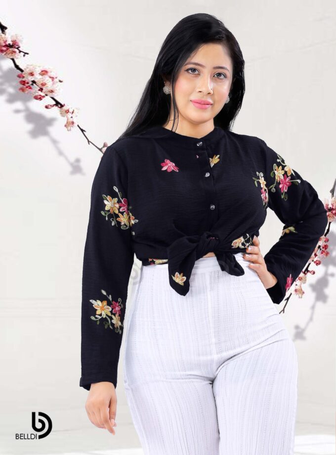 EMBROIDERED MANDARIN COLLAR LONG SLEEVE BLOUSE