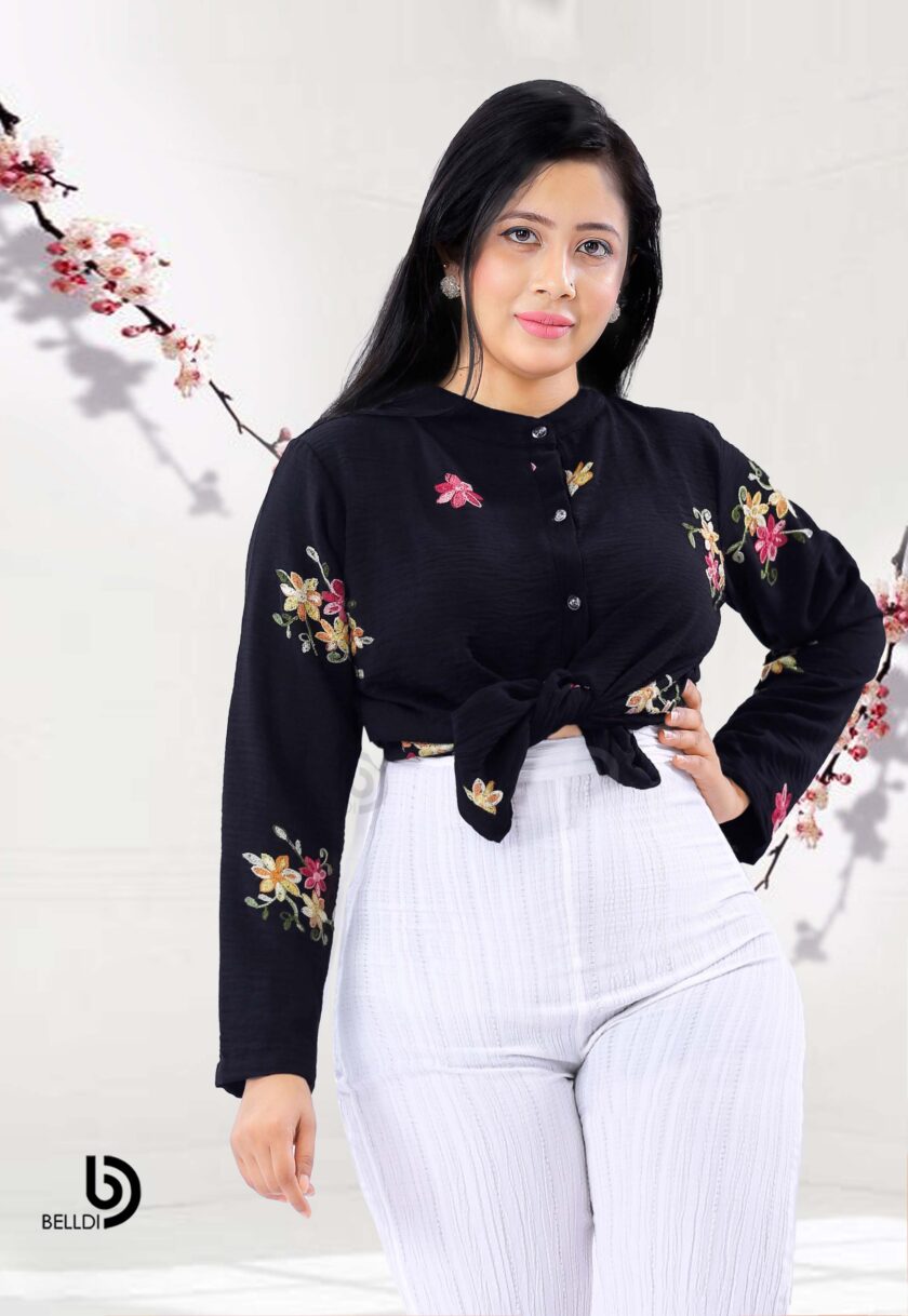 EMBROIDERED MANDARIN COLLAR LONG SLEEVE BLOUSE - Image 3