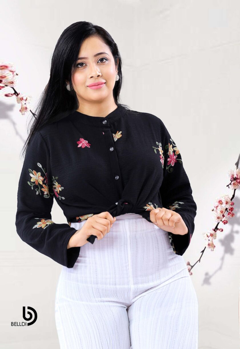 EMBROIDERED MANDARIN COLLAR LONG SLEEVE BLOUSE - Image 2
