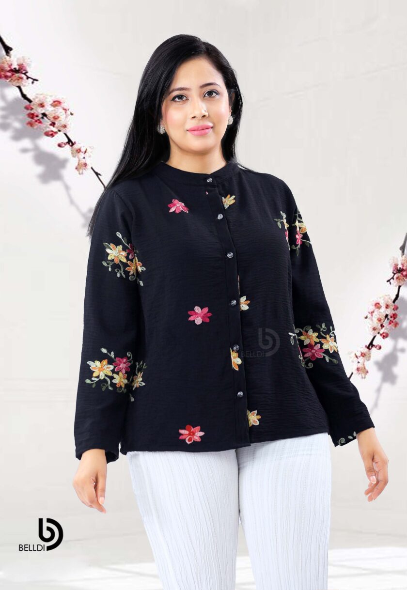 EMBROIDERED MANDARIN COLLAR LONG SLEEVE BLOUSE