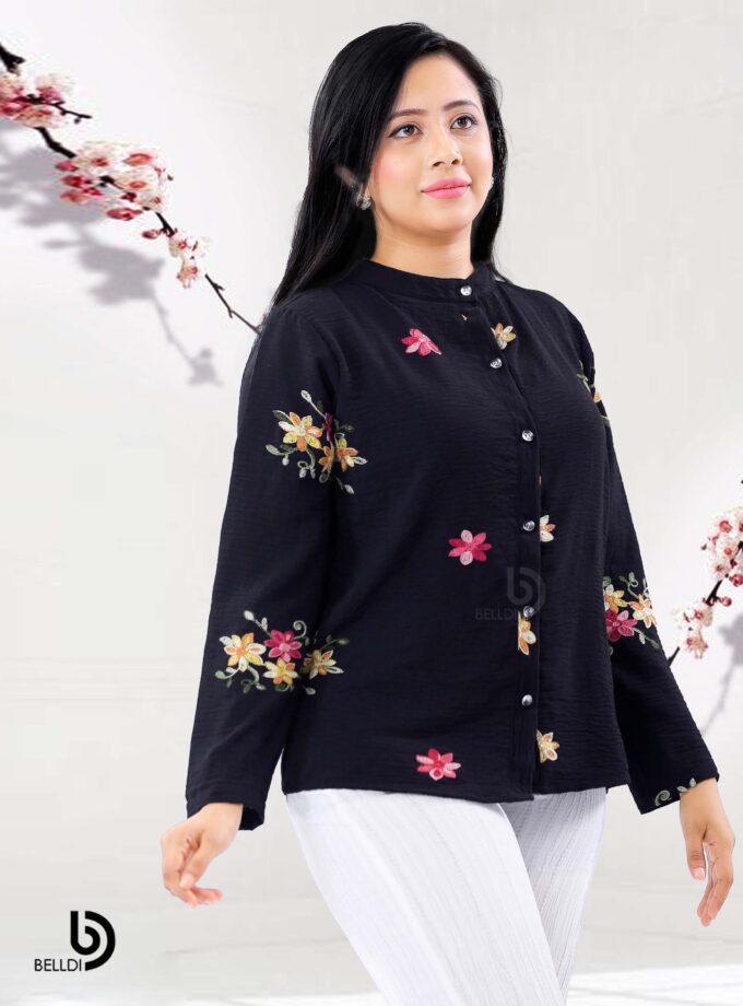 EMBROIDERED MANDARIN COLLAR LONG SLEEVE BLOUSE