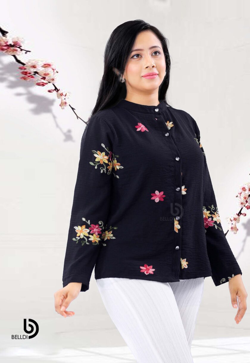 EMBROIDERED MANDARIN COLLAR LONG SLEEVE BLOUSE - Image 4