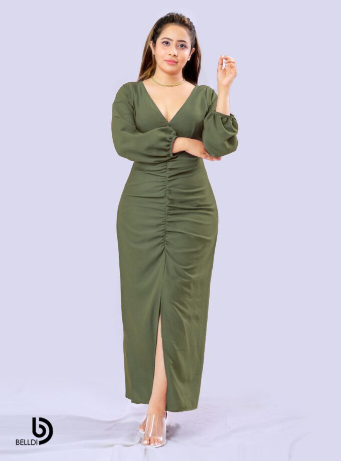 CROSS NECK LONG SLEEVE FRONT SPLIT LONG DRESS