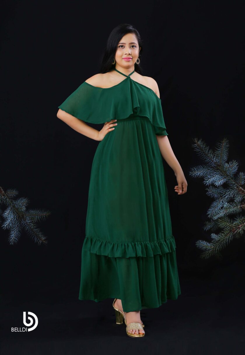 HALTER NECKLINE RUFFLES FRAMED LONG DRESS