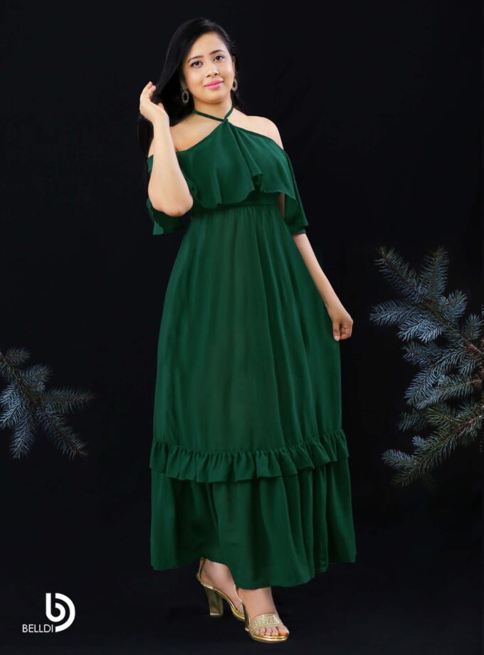 HALTER NECKLINE RUFFLES FRAMED LONG DRESS