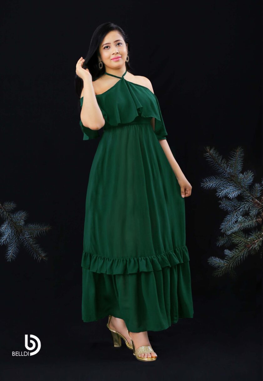 HALTER NECKLINE RUFFLES FRAMED LONG DRESS - Image 2