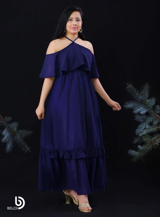 HALTER NECKLINE RUFFLES FRAMED LONG DRESS