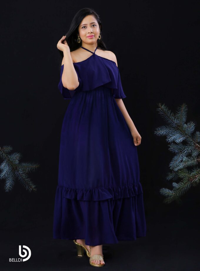 HALTER NECKLINE RUFFLES FRAMED LONG DRESS