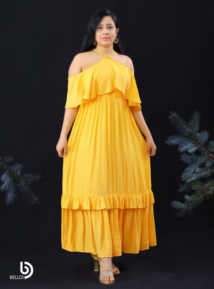 HALTER NECKLINE RUFFLES FRAMED LONG YELLOW DRESS