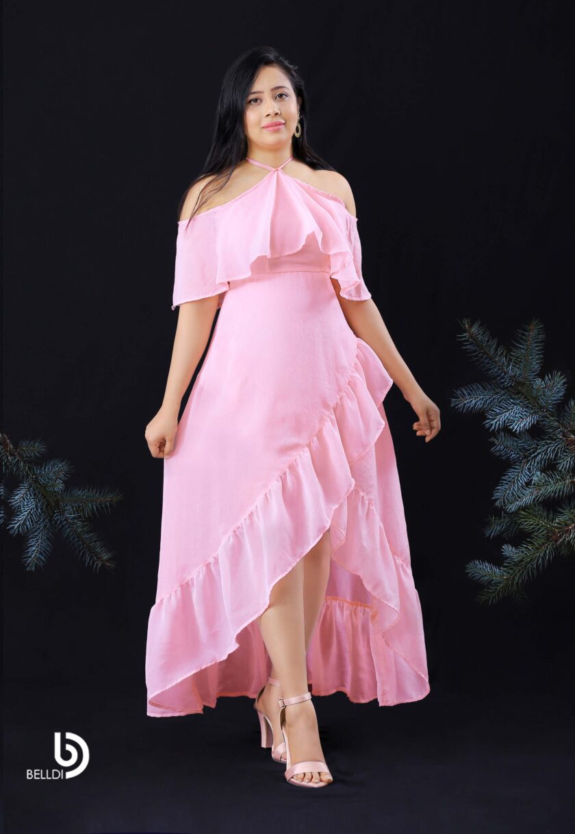 HALTER NECKLINE RUFFLES FRAMED LONG DRESS