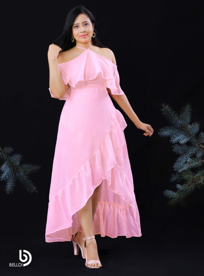 HALTER NECKLINE RUFFLES FRAMED LONG DRESS