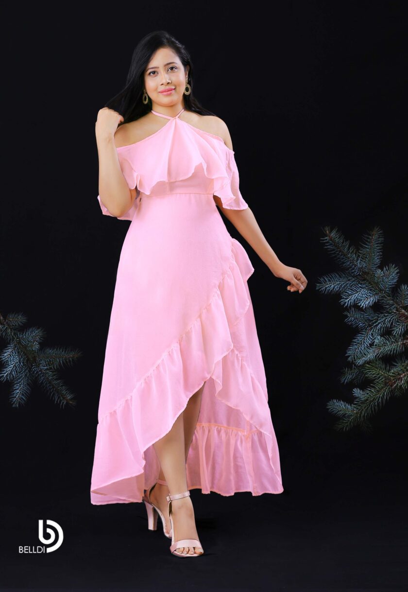 HALTER NECKLINE RUFFLES FRAMED LONG DRESS - Image 2