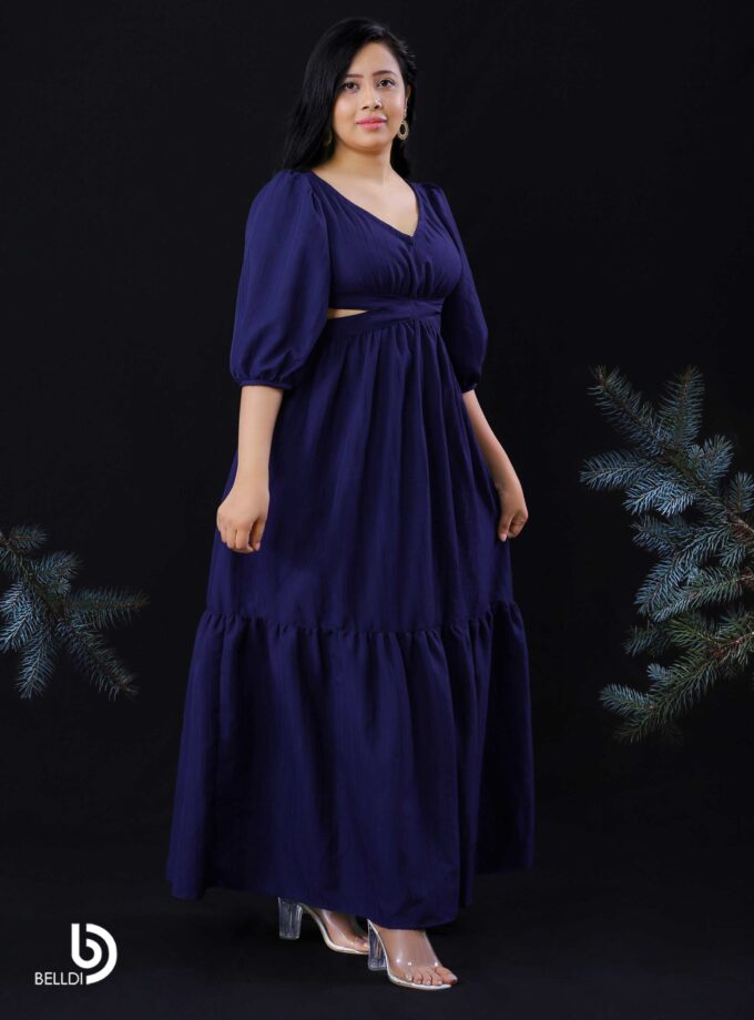 BISHOP SLEEVE V-NECK LONG BLUE FROCK
