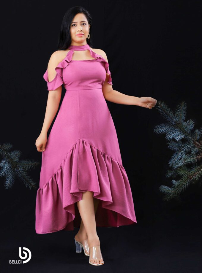 COLD SHOULDER PINK LONG DRESS