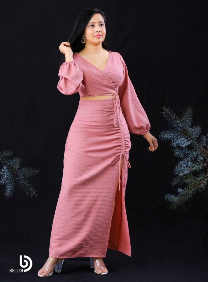 CROSS NECK LONG SLEEVE TOP AND HIGH WAIST SKIRT